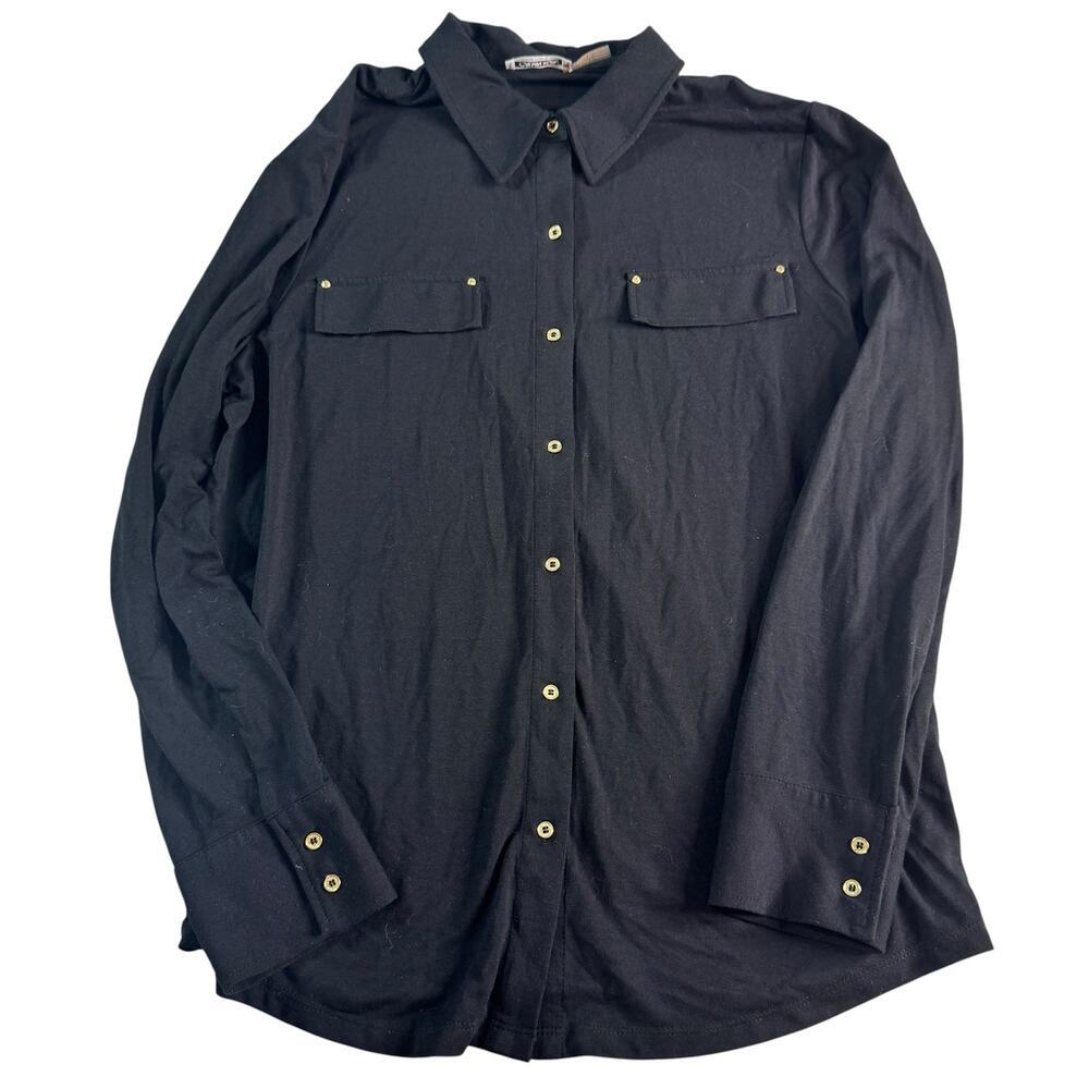 Calvin Klein Black Button Front Blouse Womens XL Roll Tab Stretch Shirt